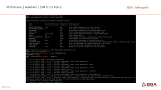@BGASecurity
BGA	|	MetasploitMsfconsole |	Auxiliary |	SSH	Brute Force
 