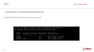 @BGASecurity
BGA	|	MetasploitMsfcli
• Exploit Seçimi	ve	Seçeneklerin	Görüntülenmesi
#	msfcli exploit/multi/samba/usermap_script O
 