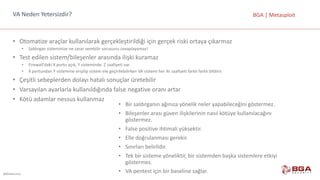 @BGASecurity
BGA	|	MetasploitVA	Neden	Yetersizdir?
• Otomatize	araçlar	kullanılarak	gerçekleştirildiği	için	gerçek	riski	ortaya	çıkarmaz
• Saldırgan	sisteminize	ne	zarar	verebilir	sorusunu	cevaplayamaz!
• Test	edilen	sistem/bileşenler	arasında	ilişki	kuramaz	
• Firewall’daki	X	portu	açık,	Y	sisteminde		Z	zaafiyeti	var.
• X	portundan	Y	sistemine	erişilip	sistem	ele	geçirilebilirken	VA	sistemi	her	iki	zaafiyeti	farklı	farklı	bildirir.
• Çeşitli	sebeplerden	dolayı	hatalı	sonuçlar	üretebilir
• Varsayılan	ayarlarla	kullanıldığında	false	negative	oranı	artar
• Kötü	adamlar	nessus kullanmaz
• Bir	saldırganın	ağınıza	yönelik	neler	yapabileceğini	göstermez.
• Bileşenler	arası	güven	ilişkilerinin	nasıl	kötüye	kullanılacağını	
göstermez.
• False positive ihtimali	yüksektir.
• Elle	doğrulanması	gerekir.
• Sınırları	belirlidir.
• Tek	bir	sisteme	yöneliktir,	bir	sistemden	başka	sistemlere	etkiyi	
göstermez.
• VA	pentest için	bir	baseline sağlar.
 