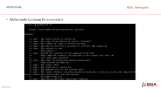 @BGASecurity
BGA	|	MetasploitMsfencode
• Msfencode Kullanım	Parametreleri
 
