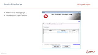 @BGASecurity
BGA	|	MetasploitAntivirüsleri	Atlatmak
• Antivirusler	nasıl	çalışır	?
• İmza	tabanlı	zararlı	analizi
 