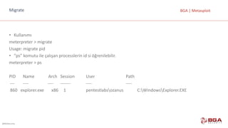 @BGASecurity
BGA	|	MetasploitMigrate
• Kullanımı
meterpreter >	migrate
Usage:	migrate pid
• “ps”	komutu	ile	çalışan	processlerin id si	öğrenilebilir.
meterpreter >	ps
PID		 Name													Arch Session User																										 Path
--- ---- ---- ------- ---- ----
860			explorer.exe				 x86	 1								 pentestlabsozanus C:WindowsExplorer.EXE
 