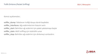 @BGASecurity
BGA	|	MetasploitTrafik	Dinleme	(Packet Sniffing)
Komut	açıklamaları;
sniffer_dump:	Yakalanan	trafiği	dosya	olarak	kaydeder.
sniffer_interfaces: Ağ	arabirimlerinin	listesini	verir.
sniffer_start: Belirtilen	ağ	arabirimi	için	paket	yakalamaya	başlar
sniffer_stats:	Aktif	sniffing için	istatistlik sunar
sniffer_stop: Belirtilen	ağ	arabirimi	için	dinlemeyi	sonlandırır.
 