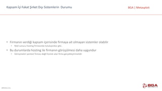 @BGASecurity
BGA	|	MetasploitKapsam	İçi	Fakat	Şirket	Dışı	Sistemlerin		Durumu
• Firmanın	verdiği	kapsam	içerisinde	firmaya	ait	olmayan	sistemler	olabilir
• Mail	sunucu	hosting	firmasında	tutuluyordur	gibi..
• Bu	durumlarda	hosting	ile	firmanın	görüşülmesi	daha	uygundur
• Görüşmeleri	pentest	firması	değil	hizmet	alan	firma	gerçekleştirmelidir
 