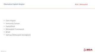 @BGASecurity
BGA	|	MetasploitOtomatize	Exploit	Araçları
• Core Impact
• Immunity Canvas
• ExploitPack
• Metasploit Framework
• W3af
• Sqlmap (Metasploit desteğiyle)
 