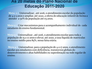• Meta 1 - Universalizar , até 2016, o atendimento escolar da população
de 4 a 5 anos e ampliar, até 2020, a oferta de educação infantil de forma a
atender a 50% da população até 03 anos.
• Meta 2 - Criar mecanismos para o acompanhamento individual de cada
estudante do ensino fundamental.
• Meta 3 - Universalizar , até 2016, o atendimento escolar para toda a
população de 15 a 17 anos e elevar, até 2020, a taxa líquida de matrículas
no ensino médio para 85%, nessa faixa etária.
• Meta 4 – Universalizar, para a população de 4 a 17 anos, o atendimento
escolar aos estudantes com deficiência, transtornos globais do
desenvolvimento e altas habilidades ou superdotação na rede regular de
ensino.
 