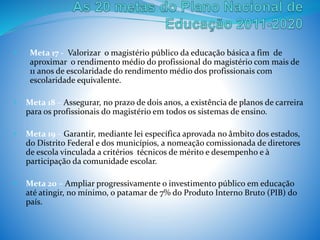 • Meta 17 - Valorizar o magistério público da educação básica a fim de
aproximar o rendimento médio do profissional do magistério com mais de
11 anos de escolaridade do rendimento médio dos profissionais com
escolaridade equivalente.
• Meta 18 – Assegurar, no prazo de dois anos, a existência de planos de carreira
para os profissionais do magistério em todos os sistemas de ensino.
• Meta 19 – Garantir, mediante lei específica aprovada no âmbito dos estados,
do Distrito Federal e dos municípios, a nomeação comissionada de diretores
de escola vinculada a critérios técnicos de mérito e desempenho e à
participação da comunidade escolar.
• Meta 20 – Ampliar progressivamente o investimento público em educação
até atingir, no mínimo, o patamar de 7% do Produto Interno Bruto (PIB) do
país.
 