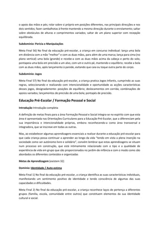 o apoio das mãos e pés; rolar sobre si próprio em posições diferentes, nas principais direcções e nos
dois sentidos; fazer cambalhotas à frente mantendo a mesma direcção durante o enrolamento; saltar
sobre obstáculos de alturas e comprimentos variados; saltar de um plano superior com recepção
equilibrada.
Subdomínio: Perícia e Manipulações
Meta Final 56) No final da educação pré-escolar, a criança em concurso individual: lança uma bola
em distância com a mão “melhor” e com as duas mãos, para além de uma marca; lança para cima (no
plano vertical) uma bola (grande) e recebe-a com as duas mãos acima da cabeça e perto do solo;
pontapeia uma bola em precisão a um alvo, com um e outro pé, mantendo o equilíbrio; recebe a bola
com as duas mãos, após lançamento à parede, evitando que caia ou toque outra parte do corpo.
Subdomínio: Jogos
Meta Final 57) No final da educação pré-escolar, a criança pratica Jogos Infantis, cumprindo as suas
regras, seleccionando e realizando com intencionalidade e oportunidade as acções características
desses jogos, designadamente: posições de equilíbrio; deslocamentos em corrida; combinações de
apoios variados; lançamentos de precisão de uma bola; pontapés de precisão.
Educação Pré-Escolar / Formação Pessoal e Social
Introdução Introdução completa
A definição de metas finais para a área Formação Pessoal e Social integra-se no espírito com que esta
área é apresentada nas Orientações Curriculares para a Educação Pré-Escolar, que a diferenciam pela
sua importância e intencionalidade próprias, embora reconhecendo-a como área transversal e
integradora, que se inscreve em todas as outras.
Mas, ao estabelecer algumas aprendizagens essenciais a realizar durante a educação pré-escolar para
que cada criança possa continuar a aprender ao longo da vida “tendo em vista a plena inserção na
sociedade como ser autónomo livre e solidário”, convém lembrar que estas aprendizagens se situam
num processo em construção, que está intimamente relacionado com o tipo e a qualidade de
experiência de vida em grupo que são proporcionados no jardim-de-infância e com o modo como são
abordados os diferentes conteúdos e organizadas
Metas de Aprendizagem (existem 32)
Domínio: Identidade / Auto-estima
Meta Final 1) No final da educação pré-escolar, a criança identifica as suas características individuais,
manifestando um sentimento positivo de identidade e tendo consciência de algumas das suas
capacidades e dificuldades.
Meta Final 2) No final da educação pré-escolar, a criança reconhece laços de pertença a diferentes
grupos (família, escola, comunidade entre outros) que constituem elementos da sua identidade
cultural e social.
 
