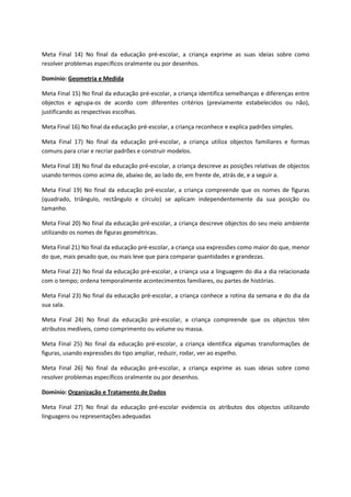 Meta Final 14) No final da educação pré-escolar, a criança exprime as suas ideias sobre como
resolver problemas específicos oralmente ou por desenhos.
Domínio: Geometria e Medida
Meta Final 15) No final da educação pré-escolar, a criança identifica semelhanças e diferenças entre
objectos e agrupa-os de acordo com diferentes critérios (previamente estabelecidos ou não),
justificando as respectivas escolhas.
Meta Final 16) No final da educação pré-escolar, a criança reconhece e explica padrões simples.
Meta Final 17) No final da educação pré-escolar, a criança utiliza objectos familiares e formas
comuns para criar e recriar padrões e construir modelos.
Meta Final 18) No final da educação pré-escolar, a criança descreve as posições relativas de objectos
usando termos como acima de, abaixo de, ao lado de, em frente de, atrás de, e a seguir a.
Meta Final 19) No final da educação pré-escolar, a criança compreende que os nomes de figuras
(quadrado, triângulo, rectângulo e círculo) se aplicam independentemente da sua posição ou
tamanho.
Meta Final 20) No final da educação pré-escolar, a criança descreve objectos do seu meio ambiente
utilizando os nomes de figuras geométricas.
Meta Final 21) No final da educação pré-escolar, a criança usa expressões como maior do que, menor
do que, mais pesado que, ou mais leve que para comparar quantidades e grandezas.
Meta Final 22) No final da educação pré-escolar, a criança usa a linguagem do dia a dia relacionada
com o tempo; ordena temporalmente acontecimentos familiares, ou partes de histórias.
Meta Final 23) No final da educação pré-escolar, a criança conhece a rotina da semana e do dia da
sua sala.
Meta Final 24) No final da educação pré-escolar, a criança compreende que os objectos têm
atributos medíveis, como comprimento ou volume ou massa.
Meta Final 25) No final da educação pré-escolar, a criança identifica algumas transformações de
figuras, usando expressões do tipo ampliar, reduzir, rodar, ver ao espelho.
Meta Final 26) No final da educação pré-escolar, a criança exprime as suas ideias sobre como
resolver problemas específicos oralmente ou por desenhos.
Domínio: Organização e Tratamento de Dados
Meta Final 27) No final da educação pré-escolar evidencia os atributos dos objectos utilizando
linguagens ou representações adequadas
 