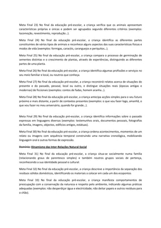 Meta Final 23) No final da educação pré-escolar, a criança verifica que os animais apresentam
características próprias e únicas e podem ser agrupados segundo diferentes critérios (exemplos:
locomoção, revestimento, reprodução…).
Meta Final 24) No final da educação pré-escolar, a criança identifica as diferentes partes
constituintes de vários tipos de animais e reconhece alguns aspectos das suas características físicas e
modos de vida (exemplos: formigas, caracóis, caranguejos e periquitos…).
Meta Final 25) No final da educação pré-escolar, a criança compara o processo de germinação de
sementes distintas e o crescimento de plantas, através de experiências, distinguindo as diferentes
partes de uma planta.
Meta Final 26) No final da educação pré-escolar, a criança identifica algumas profissões e serviços no
seu meio familiar e local, ou noutros que conheça.
Meta Final 27) No final da educação pré-escolar, a criança reconstrói relatos acerca de situações do
presente e do passado, pessoal, local ou outro, e distingue situações reais (épocas antigas e
modernas) de ficcionais (exemplos: contos de fadas, homem aranha…).
Meta Final 28) No final da educação pré-escolar, a criança antecipa acções simples para o seu futuro
próximo e mais distante, a partir de contextos presentes (exemplos: o que vou fazer logo, amanhã, o
que vou fazer no meu aniversário, quando for grande…).
Meta Final 29) No final da educação pré-escolar, a criança identifica informações sobre o passado
expressas em linguagens diversas (exemplos: testemunhos orais, documentos pessoais, fotografias
da família, imagens, objectos, edifícios antigos, estátuas).
Meta Final 30) No final da educação pré-escolar, a criança ordena acontecimentos, momentos de um
relato ou imagens com sequência temporal construindo uma narrativa cronológica, mobilizando
linguagem oral e outras formas de expressão.
Domínio: Dinamismo das Inter-Relações Natural-Social
Meta Final 31) No final da educação pré-escolar, a criança situa-se socialmente numa família
(relacionando graus de parentesco simples) e também noutros grupos sociais de pertença,
reconhecendo a sua identidade pessoal e cultural.
Meta Final 32) No final da educação pré-escolar, a criança descreve a importância da separação dos
resíduos sólidos domésticos, identificando os materiais a colocar em cada um dos ecopontos
Meta Final 33) No final da educação pré-escolar, a criança manifesta comportamentos de
preocupação com a conservação da natureza e respeito pelo ambiente, indicando algumas práticas
adequadas (exemplos: não desperdiçar água e electricidade; não deitar papeis e outros resíduos para
o chão).
 