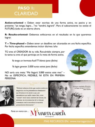 Action-oriented – Deben estar escritas de una forma activa, no pasiva y en
presente. “yo tengo, logro…”no “tendré, lograré”. Para el subconsciente no existe el
FUTURO, todo es un eterno ahora.
R- Results-oriented- Debemos enfocarnos en el resultado: en lo que queremos
lograr.
T – Time-phased – Deben tener un deadline: ser alcanzadas en una fecha específica.
Por fecha específica entendemos incluir día/mes /año
PASO 1:
CLARIDAD
MÁS RECURSOS EN: www.martagarcia.tv
Ponte en marca con…
TÚ eres el CREADOR de tu vida. Recuérdalo siempre, por
lo tanto tu eres el que participa en la meta de forma activa.
Yo tengo un hermoso AudiTT blanco para (fecha)
Yo logro generar 3.000 euros extras para (fecha)
NO sería una meta: “Me llegará 3.000 extras este mes” –
No es ESPECÍFICA, MEDIBLE, NI ESTÁ EN PRIMERA
PERSONA
 