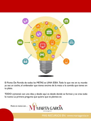 MÁS RECURSOS EN: www.martagarcia.tv
Ponte en marca con…
El Punto De Partida de todas las METAS es UNA IDEA. Todo lo que ves en tu mundo
ya sea un coche, el ordenador que tienes encima de la mesa o la comida que tienes en
tu plato.
TODO comenzó con una idea y desde aquí es desde donde se forman y se crea todo
lo nuevo. La primera pregunta que quiero que te planteo es:
 