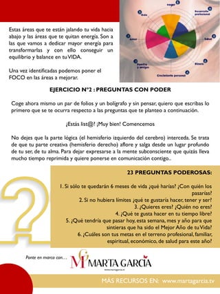 MÁS RECURSOS EN: www.martagarcia.tv
Ponte en marca con…
EJERCICIO Nº2 : PREGUNTAS CON PODER
Coge ahora mismo un par de folios y un bolígrafo y sin pensar, quiero que escribas lo
primero que se te ocurra respecto a las preguntas que te planteo a continuación.
¿Estás list@? ¡Muy bien! Comencemos
No dejes que la parte lógica (el hemisferio izquierdo del cerebro) interceda. Se trata
de que tu parte creativa (hemisferio derecho) aflore y salga desde un lugar profundo
de tu ser, de tu alma. Para dejar expresarse a la mente subconsciente que quizás lleva
mucho tiempo reprimida y quiere ponerse en comunicación contigo..
Estas áreas que te están jalando tu vida hacia
abajo y las áreas que te quitan energía. Son a
las que vamos a dedicar mayor energía para
transformarlas y con ello conseguir un
equilibrio y balance en tuVIDA.
Una vez identificadas podemos poner el
FOCO en las áreas a mejorar.
23 PREGUNTAS PODEROSAS:
1. Si sólo te quedarán 6 meses de vida ¿qué harías? ¿Con quién los
pasarías?
2. Si no hubiera límites ¿qué te gustaría hacer, tener y ser?
3. ¿Quieres eres? ¿Quién no eres?
4. ¿Qué te gusta hacer en tu tiempo libre?
5. ¿Qué tendría que pasar hoy, esta semana, mes y año para que
sintieras que ha sido el Mejor Año de tuVida?
6. ¿Cuáles son tus metas en el terreno profesional, familiar,
espiritual, económico, de salud para este año?
 