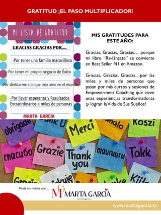 MIS GRATITUDES PARA
ESTE AÑO:
Gracias, Gracias, Gracias… porque
mi libro “Re-lánzate” se convierte
en Best Seller N1 en Amazon.
Gracias, Gracias, Gracias…por las
miles y miles de personas que
pasan por mis cursos y sesiones de
Empowerment Coaching que viven
unas experiencias transformadoras
¡y logran laVida de Sus Sueños!
Ponte en marca con…
GRATITUD ¡EL PASO MULTIPLICADOR!
 