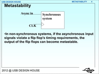 USB DESIGN HOUSE                          METASTABILITY   4

  Metastability
               Async in   Synchronous
                          system

                    CLK

  •In non-synchronous systems, if the asynchronous input
  signals violate a flip flop's timing requirements, the
  output of the flip flops can become metastable.




2012 @ USB DESIGN HOUSE
 