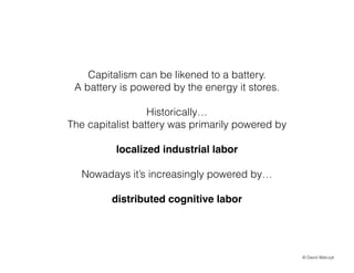 Capitalism can be likened to a battery.
A battery is powered by the energy it stores.
!

Historically
The capitalist battery was primarily powered by
!

localized industrial labor!
!

Nowadays its increasingly powered by
!

distributed cognitive labor

? David Walczyk

 