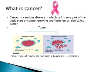  Cancer is a serious disease in which cell in one part of the
body start uncontrol growing and form lumps also called
tumor
 Tumor
Some type of cancer do not form a tumor ex:- leukemias
 