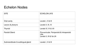 Echelon Nodes
SITE ECHELON LN'S
Oral cavity Levels I, II & III
Larynx & pharynx Levels II, III, IV
Thyroid Levels IV, VI & VII
Parotid Gland Pre-auricular, Periparotid & Intraparotid
LNs
Levels II, III & Va LN
Submandibular & sublingual gland Levels I, II & III
 