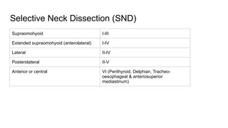 Selective Neck Dissection (SND)
Supraomohyoid I-III
Extended supraomohyoid (anterolateral) I-IV
Lateral II-IV
Posterolateral II-V
Anterior or central VI (Perithyroid, Delphian, Tracheo-
oesophageal & anteriosuperior
mediastinum)
 