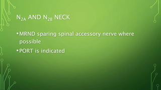 N2A AND N2B NECK
•MRND sparing spinal accessory nerve where
possible
•PORT is indicated
 
