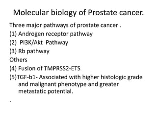 Molecular biology of Prostate cancer.
Three major pathways of prostate cancer .
(1) Androgen receptor pathway
(2) PI3K/Akt Pathway
(3) Rb pathway
Others
(4) Fusion of TMPRSS2-ETS
(5)TGF-b1- Associated with higher histologic grade
and malignant phenotype and greater
metastatic potential.
.
 
