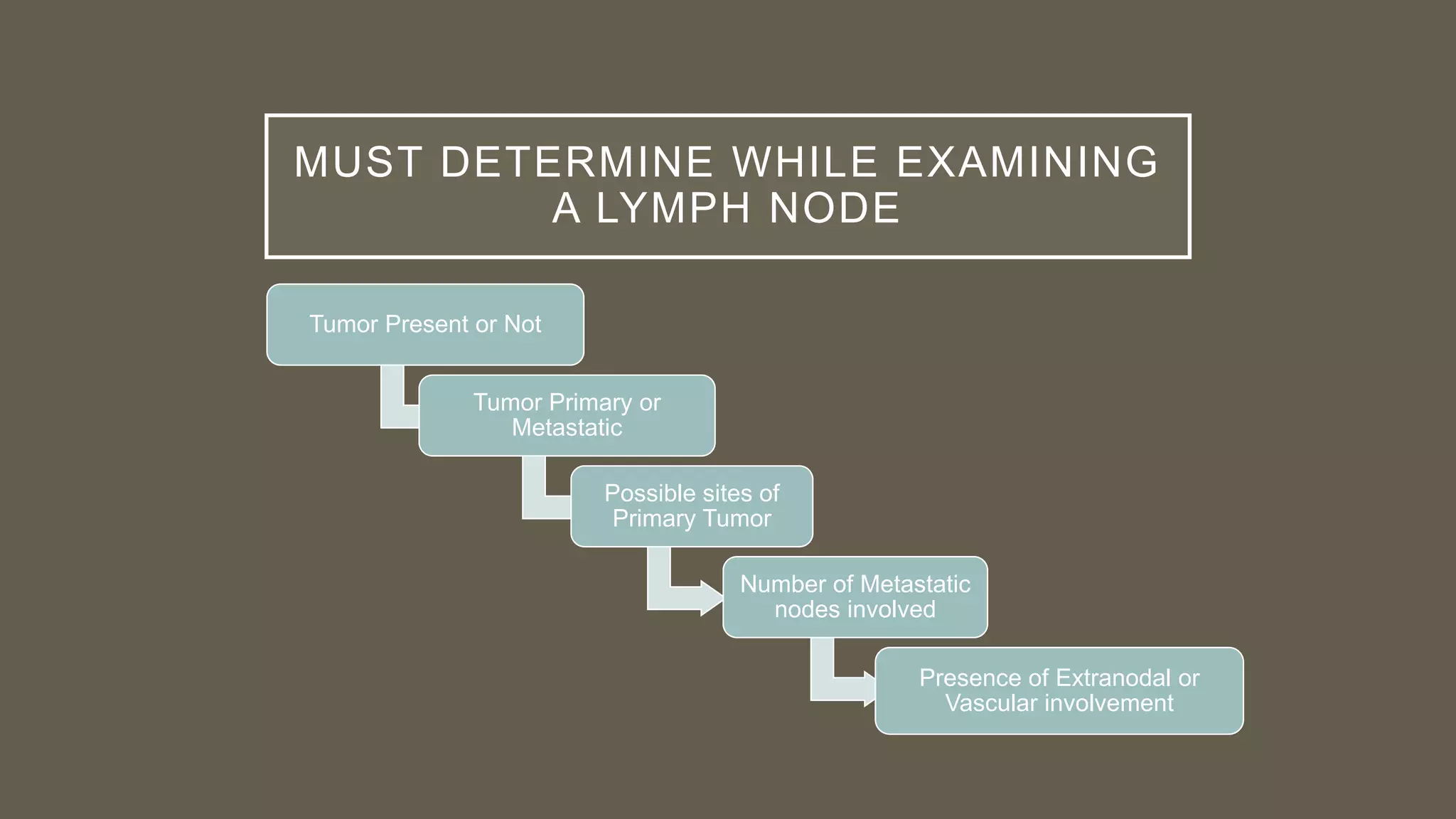 MUST DETERMINE WHILE EXAMINING
A LYMPH NODE
Tumor Present or Not
Tumor Primary or
Metastatic
Possible sites of
Primary Tumor
Number of Metastatic
nodes involved
Presence of Extranodal or
Vascular involvement
 