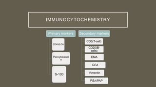 IMMUNOCYTOCHEMISTRY
Primary markers
CD45/LCA
Pancytokerati
n
S-100
Secondary markers
CD3(T-cell)
CD20(B-
cells)
EMA
CEA
Vimentin
PSA/PAP
 