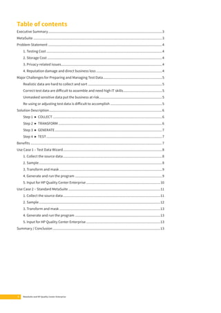 Table of contents 
Executive Summary ...........................................................................................................................3 
MetaSuite ...........................................................................................................................................3 
Problem Statement ...........................................................................................................................4 
1. Testing Cost .............................................................................................................................4 
2. Storage Cost ............................................................................................................................4 
3. Privacy-related issues .............................................................................................................4 
4. Reputation damage and direct business loss .......................................................................4 
Major Challenges for Preparing and Managing Test Data ................................................................5 
Realistic data are hard to collect and sort ................................................................................5 
Correct test data are diff icult to assemble and need high IT skills ..........................................5 
Unmasked sensitive data put the business at risk ....................................................................5 
Re-using or adjusting test data is diff icult to accomplish ........................................................5 
Solution Description ..........................................................................................................................6 
Step 1 ▶ COLLECT ......................................................................................................................6 
Step 2 ▶ TRANSFORM ................................................................................................................6 
Step 3 ▶ GENERATE ....................................................................................................................7 
Step 4 ▶ TEST .............................................................................................................................7 
Benefi ts ..............................................................................................................................................7 
Use Case 1 – Test Data Wizard ...........................................................................................................8 
1. Collect the source data ...........................................................................................................8 
2. Sample .....................................................................................................................................8 
3. Transform and mask ...............................................................................................................9 
4. Generate and run the program ..............................................................................................9 
5. Input for HP Quality Center Enterprise ................................................................................10 
Use Case 2 – Standard MetaSuite ...................................................................................................11 
1. Collect the source data .........................................................................................................11 
2. Sample ...................................................................................................................................12 
3. Transform and mask .............................................................................................................13 
4. Generate and run the program ............................................................................................13 
5. Input for HP Quality Center Enterprise ................................................................................13 
Summary / Conclusion ....................................................................................................................13 
2 MetaSuite and HP Quality Center Enterprise 
 