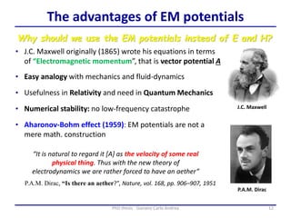 12PhD thesis - Gonano Carlo Andrea
The advantages of EM potentials
J.C. Maxwell
P.A.M. Dirac, “Is there an aether?”, Nature, vol. 168, pp. 906–907, 1951
• J.C. Maxwell originally (1865) wrote his equations in terms
of “Electromagnetic momentum”, that is vector potential A
“It is natural to regard it [A] as the velocity of some real
physical thing. Thus with the new theory of
electrodynamics we are rather forced to have an aether”
• Easy analogy with mechanics and fluid-dynamics
• Usefulness in Relativity and need in Quantum Mechanics
P.A.M. Dirac
• Aharonov-Bohm effect (1959): EM potentials are not a
mere math. construction
Why should we use the EM potentials instead of E and H?
• Numerical stability: no low-frequency catastrophe
 