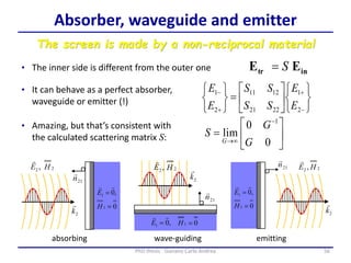 56PhD thesis - Gonano Carlo Andrea
Absorber, waveguide and emitter
The screen is made by a non-reciprocal material
• The inner side is different from the outer one
• It can behave as a perfect absorber,
waveguide or emitter (!)
• Amazing, but that’s consistent with
the calculated scattering matrix S:
absorbing wave-guiding emitting



















-


-
2
1
2221
1211
2
1
E
E
SS
SS
E
E







-
 0
0
lim
1
G
G
S
G
intr EE S
 