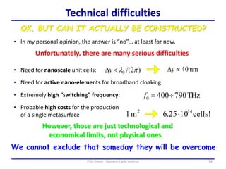 58PhD thesis - Gonano Carlo Andrea
Technical difficulties
OK, BUT CAN IT ACTUALLY BE CONSTRUCTED?
Unfortunately, there are many serious difficulties
• In my personal opinion, the answer is “no”... at least for now.
• Need for nanoscale unit cells: )2/(0 plDy nm40Dy
• Need for active nano-elements for broadband cloaking
• Extremely high “switching” frequency:
• Probable high costs for the production
of a single metasurface
2
m1 cells!1025.6 14

THz7904000 f
However, those are just technological and
economical limits, not physical ones
We cannot exclude that someday they will be overcome
 
