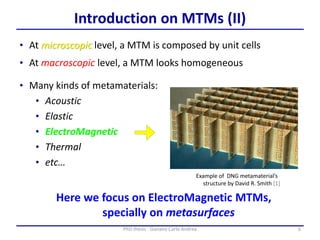 6PhD thesis - Gonano Carlo Andrea
Introduction on MTMs (II)
• At microscopic level, a MTM is composed by unit cells
• At macroscopic level, a MTM looks homogeneous
• Many kinds of metamaterials:
• Acoustic
• Elastic
• ElectroMagnetic
• Thermal
• etc…
Here we focus on ElectroMagnetic MTMs,
specially on metasurfaces
Example of DNG metamaterial’s
structure by David R. Smith [1]
 