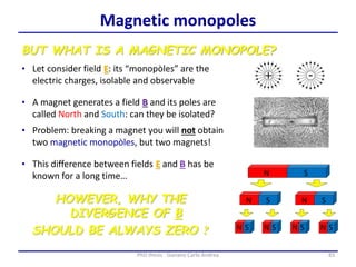 83PhD thesis - Gonano Carlo Andrea
Magnetic monopoles
BUT WHAT IS A MAGNETIC MONOPOLE?
• Let consider field E: its “monopòles” are the
electric charges, isolable and observable
• A magnet generates a field B and its poles are
called North and South: can they be isolated?
• Problem: breaking a magnet you will not obtain
two magnetic monopòles, but two magnets!
• This difference between fields E and B has be
known for a long time…
HOWEVER, WHY THE
DIVERGENCE OF B
SHOULD BE ALWAYS ZERO ?
 