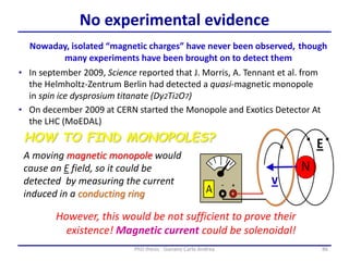 86PhD thesis - Gonano Carlo Andrea
No experimental evidence
• In september 2009, Science reported that J. Morris, A. Tennant et al. from
the Helmholtz-Zentrum Berlin had detected a quasi-magnetic monopole
in spin ice dysprosium titanate (Dy2Ti2O7)
• On december 2009 at CERN started the Monopole and Exotics Detector At
the LHC (MoEDAL)
Nowaday, isolated “magnetic charges” have never been observed, though
many experiments have been brought on to detect them
A moving magnetic monopole would
cause an E field, so it could be
detected by measuring the current
induced in a conducting ring
HOW TO FIND MONOPOLES?
However, this would be not sufficient to prove their
existence! Magnetic current could be solenoidal!
 