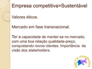 A redução da biodiversidade reflete-se em diminuição de matéria-prima para fabricação de produtos, mais vulnerabilidade a desastres naturais e maiores efeitos do aquecimento global, de acordo com a WWF.Definição:DesenvolvimentoEconômicoSustentabilidadeGestãoAmbientalResponsabilidadeSocialUtilização de recursos para atender às necessidades do presente sem comprometer a capacidade das gerações futuras em atender as suas próprias necessidades. (Desenvolvido por GroBrutland em 1990 e aprovado na Rio 92).Triple BottomLine
