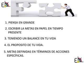 PRINCIPIOS DE COMO FIJARSE
METAS CLARAS
1. PIENSA EN GRANDE
2. ESCRIBIR LA METAS EN PAPEL EN TIEMPO
PRESENTE
3. TENIENDO UN BALANCE EN TU VIDA
4. EL PROPOSITO DE TU VIDA.
5. METAS DEFINIDAS EN TÉRMINOS DE ACCIONES
ESPECÍFICAS.
 