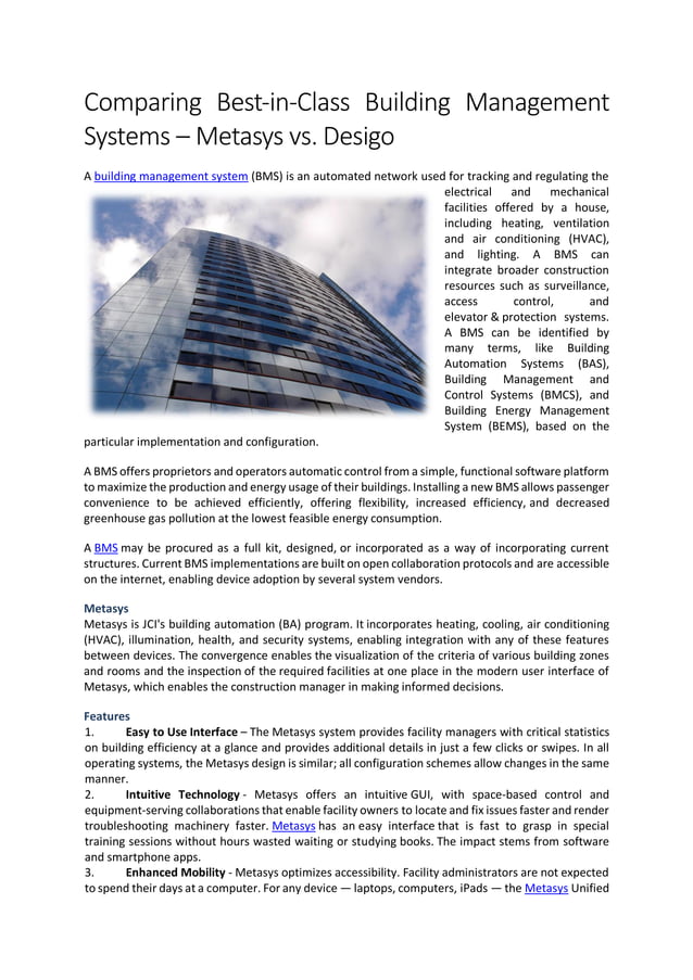 Comparing BestinClass Building Management Systems Metasys vs. Desigo