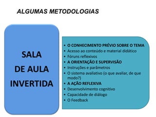 ALGUMAS METODOLOGIAS 
•O CONHECIMENTO PRÉVIO SOBRE O TEMA 
•Acesso ao conteúdo e material didático 
•Fóruns reflexivos 
•A ORIENTAÇÃO E SUPERVISÃO 
•Instruções e parâmetros 
•O sistema avaliativo (o que avaliar, de que modo?) 
•A AÇÃO REFLEXIVA 
•Desenvolvimento cognitivo 
•Capacidade de diálogo 
•O Feedback 
SALA DE AULA INVERTIDA  