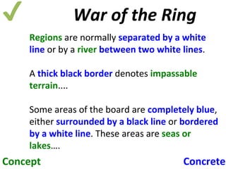✔ War of the Ring 
Regions are normally separated by a white 
line or by a river between two white lines. 
A thick black border denotes impassable 
terrain.... 
Some areas of the board are completely blue, 
either surrounded by a black line or bordered 
by a white line. These areas are seas or 
lakes…. 
Concept Concrete 
 