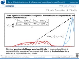 Corso di Strategie e tecniche di valutazione dei prodotti e dei processi formativi A.A. 2009/2010
© G.B. Ronsivalle 2010
26
Efficacia formativa di 2°livello
UD 9. Metavalutazione
Qual è il grado di incremento di omogeneità delle conoscenze/competenze alla fine
dell’intervento formativo?
Obiettivo: ponderare l’efficacia generica di I livello  incremento del livello di
omogeneità delle conoscenze/competenze finali rispetto al livello di dispersione
registrato all’inizio dell’intervento stesso.
 