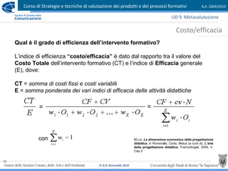 Corso di Strategie e tecniche di valutazione dei prodotti e dei processi formativi A.A. 2009/2010
© G.B. Ronsivalle 2010
30
Costo/efficacia
UD 9. Metavalutazione
M.Loi, La dimensione economica della progettazione
didattica, in Ronsivalle, Carta, Metus (a cura di), L’arte
della progettazione didattica, FrancoAngeli, 2009, V,
Cap.3
Qual è il grado di efficienza dell’intervento formativo?
L’indice di efficienza “costo/efficacia” è dato dal rapporto tra il valore del
Costo Totale dell’intervento formativo (CT) e l’indice di Efficacia generale
(E), dove:
CT = somma di costi fissi e costi variabili
E = somma ponderata dei vari indici di efficacia delle attività didattiche
con
 