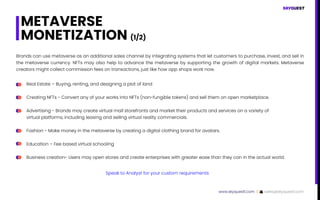 METAVERSE
MONETIZATION (1/2)
Brands can use metaverse as an additional sales channel by integrating systems that let custo...
