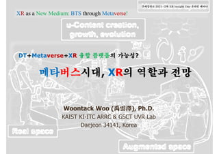 DT+Metaverse+XR 융합 플랫폼의 가능성?
메타버스시대, XR의 역할과 전망
Woontack Woo (禹雲澤), Ph.D.
KAIST KI-ITC ARRC & GSCT UVR Lab
Daejeon 34141, Korea
XR as a New Medium: BTS through Metaverse!
주제강연@ 2021-2차 XR Insight Day 온라인 세미나
 
