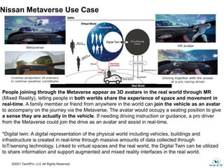 ©2021 TechIPm, LLC All Rights Reserved
Nissan Metaverse Use Case
People joining through the Metaverse appear as 3D avatars in the real world through MR
(Mixed Reality), letting people in both worlds share the experience of space and movement in
real-time. A family member or friend from anywhere in the world can join the vehicle as an avatar
to accompany on the journey via the Metaverse. The avatar would occupy a seating position to give
a sense they are actually in the vehicle. If needing driving instruction or guidance, a pro driver
from the Metaverse could join the drive as an avatar and assist in real-time.
*Digital twin: A digital representation of the physical world including vehicles, buildings and
infrastructure is created in real-time through massive amounts of data collected through
IoT/sensing technology. Linked to virtual spaces and the real world, the Digital Twin can be utilized
to share information and support augmented and mixed reality interfaces in the real world.
 