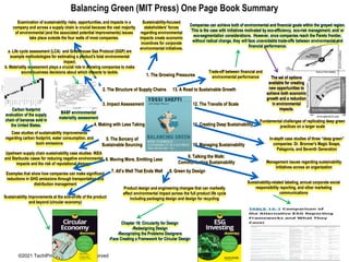 ©2021 TechIPm, LLC All Rights Reserved
Balancing Green (MIT Press) One Page Book Summary
1. The Growing Pressures
3. Impact Assessment
4. Making with Less Taking
5. The Sorcery of
Sustainable Sourcing
2. The Structure of Supply Chains
6. Moving More, Emitting Less
7. All’s Well That Ends Well 8. Green by Design
9. Talking the Walk:
Communicating Sustainability
10. Managing Sustainability
11. Creating Deep Sustainability
12. The Travails of Scale
13. A Road to Sustainable Growth
Sustainability-focused
stakeholders' forces
regarding environmental
impacts create economic
incentives for corporate
environmental initiatives.
Examination of sustainability risks, opportunities, and impacts in a
company and across a supply chain is crucial because the vast majority
of environmental (and the associated potential improvements) issues
take place outside the four walls of most companies.
a. Life cycle assessment (LCA) and Greenhouse Gas Protocol (GGP) are
example methodologies for estimating a product's total environmental
impact.
b. Materiality assessment plays a crucial role in allowing companies to make
sound business decisions about which impacts to tackle.
Carbon footprint
evaluation of the supply
chain of bananas sold in
the United States.
BASF environmental
materiality assessment
Case studies of sustainability improvements
regarding carbon footprint, water consumption, and
toxin emissions
Upstream supply chain sustainability case studies: IKEA
and Starbucks cases for reducing negative environmental
impacts and the risk of reputational damage
Examples that show how companies can make significant
reductions in GHG emissions through transportation and
distribution management
Sustainability improvements at the end-of-life of the product
and beyond (circular economy)
Product design and engineering changes that can markedly
affect environmental impact across the full product life cycle
including packaging design and design for recycling
Chapter 16: Circularity for Design
-Redesigning Design
-Recognizing the Problems Designers
-Face Creating a Framework for Circular Design
Sustainability-related labeling, annual corporate social
responsibility reporting, and other marketing
communications
In-depth case studies of three “deep green”
companies: Dr. Bronner's Magic Soaps,
Patagonia, and Seventh Generation
Management issues regarding sustainability
initiatives across an organization
Fundamental challenges of replicating deep green
practices on a larger scale
Trade-off between financial and
environmental performance
Companies can achieve both of environmental and financial goals within the grayed region.
This is the case with initiatives motivated by eco-efficiency, eco-risk management, and/ or
eco-segmentation considerations. However, once companies reach the Pareto frontier,
without radical change, they will face unavoidable trade-offs between environmental and
financial performance.
The set of options
available for creating
new opportunities to
achieve both economic
growth and a reduction
in environmental
impacts.
 