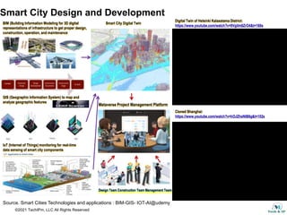©2021 TechIPm, LLC All Rights Reserved
Smart City Design and Development
Source. Smart Cities Technologies and applications : BIM-GIS- IOT-AI@udemy
BIM (Building Information Modeling for 3D digital
representations of infrastructure to get proper design,
construction, operation, and maintenance
GIS (Geographic Information System) to map and
analyze geographic features
IoT (Internet of Things) monitoring for real-time
data sensing of smart city components
Smart City Digital Twin
Metaverse Project Management Platform
Design Team Construction Team Management Team
Digital Twin of Helsinki Kalasatama District:
https://www.youtube.com/watch?v=9Vgilm8ZrO4&t=160s
Cloned Shanghai:
https://www.youtube.com/watch?v=hOJZhsNtB6g&t=152s
 