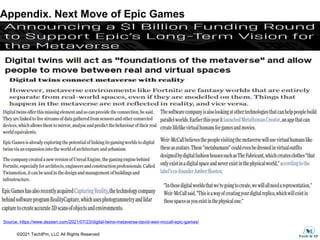©2021 TechIPm, LLC All Rights Reserved
Appendix. Next Move of Epic Games
Source. https://www.dezeen.com/2021/07/23/digital-twins-metaverse-david-weir-mccall-epic-games/
 