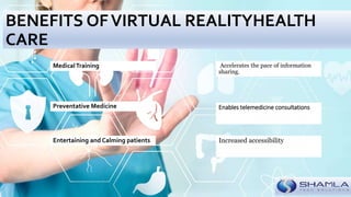 BENEFITS OFVIRTUAL REALITYHEALTH
CARE
MedicalTraining Accelerates the pace of information
sharing.
Preventative Medicine Enables telemedicine consultations
Entertaining and Calming patients Increased accessibility
 