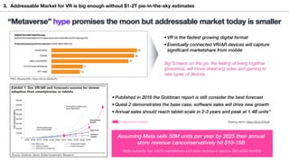 3. Addressable Market for VR is big enough without $1-2T pie-in-the-sky estimates
“Metaverse” hype promises the moon but addressable market today is smaller
• Published in 2016 the Goldman report is still consider the best forecast
• Quest 2 demonstrates the base case, software sales will drive new growth
• Annual sales should reach tablet-scale in 2-3 years and peak at 1.4B units*
*Seeking Alpha: https://bit.ly/3rVLdtI
Independent analysis
• VR is the fastest growing digital format
• Eventually connected VR/AR devices will capture
significant marketshare from mobile
Big Screens on-the-go, the feeling of being together
(presence), will move streaming video and gaming to
new types of devices
Assuming Meta sells 50M units per year by 2025 their annual
store revenue canconservatively hit $10-15B
Meta currently has >50% marketshare and store revenue is approx. $50-65M monthly
PWC (RoadtoVR): https://bit.ly/3DzKuFh
 