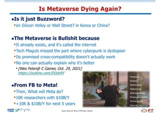 lIs it just Buzzword?
§on Silicon Velley or Wall Street? in Korea or China?
lThe Metaverse is Bullshit because
§It already exists, and it's called the internet
§Tech Moguls missed the part where cyberpunk is dystopian
§Its promised cross-compatibility doesn't actually work
§No one can actually explain why it's better
•[Wes Felon@ C Gamer, Oct. 29, 2021]
https://outline.com/DUdr8Y
lFrom FB to Meta!
§Then, What will Meta do?
§10K researchers with $10B/Y
§+10K & $10B/Y for next 5 years
Is Metaverse Dying Again?
2001-2022 © Woo, UVR Lab., Korea
 